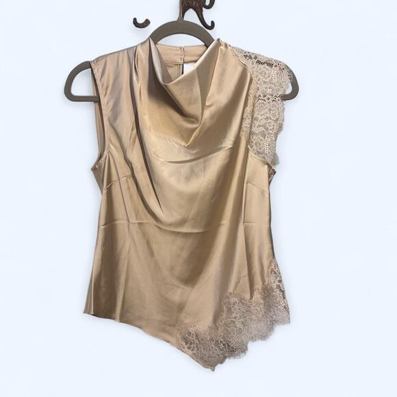 INC International Concepts Tops - INC International Concepts Hummus Tan Lace Trim Cowl Neck Sleeveless Top XS